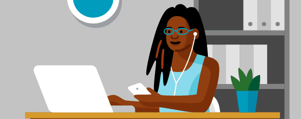 Illustration in MediSked brand colors of a case manager at her desk on her laptop with headphones in.