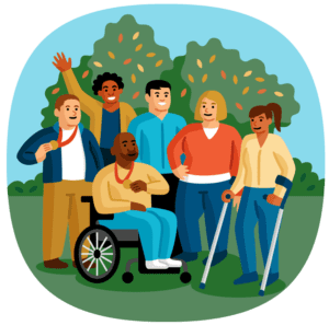 An illustration of a group of people celebrating outdoors.