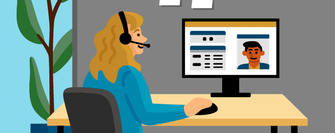 Illustration with MediSked brand colors of a person at a desk completing a virtual training with a headset on.