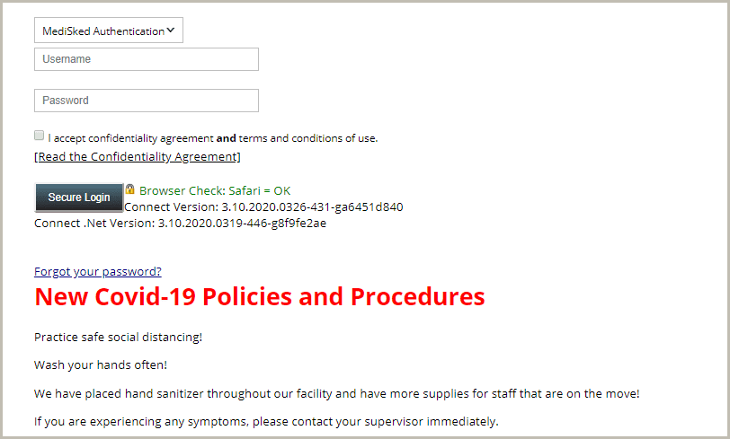 Screenshot of the MediSked Connect Agency Login page, which has a "New COVID-19 Policies and Procedures" notice.