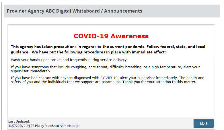 Screenshot of the Provider Agency Digital Whiteboard / Announcements in MediSked Connect.