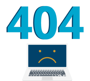 Illustration of a laptop with a sad face on it under a big "404"