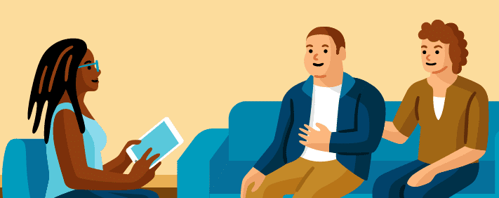 Illustration of a care manager holding a tablet conducting an assessment with an individual and his mother. Individual is sitting on the couch talking to the care manager, with his mother sitting next to him.
