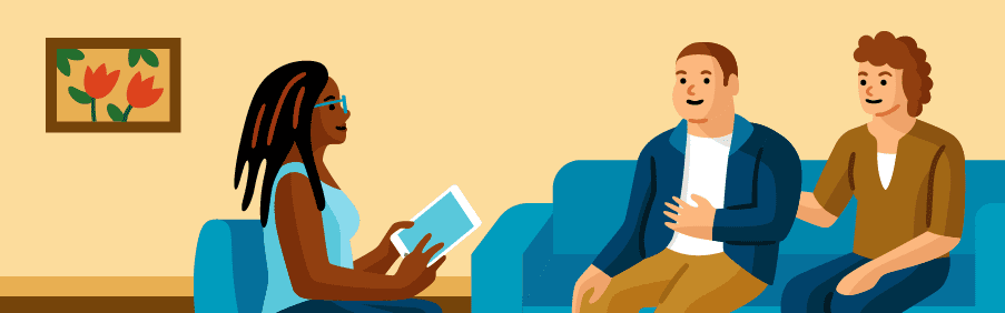 Illustration of a care manager holding a tablet conducting an assessment with an individual and his mother. Individual is sitting on the couch talking to the care manager, with his mother sitting next to him.