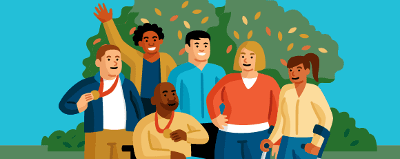 Illustration of a group of six people celebrating, some with assistive devices, and some have medals. One is waving.