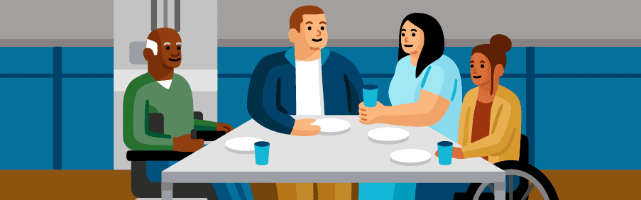 Illustration of a group of 4 individuals eating a meal together