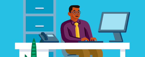 illustration of an office professional sitting at a desk typing on the keyboard