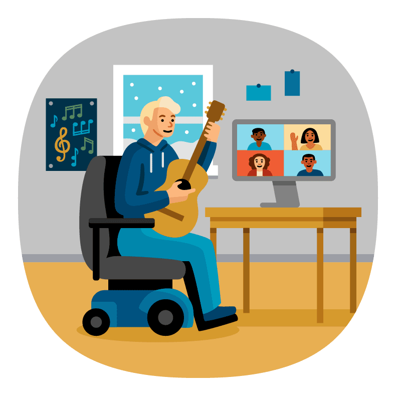 Illustration of an individual playing guitar in a wheelchair while video-chatting with 4 other people.