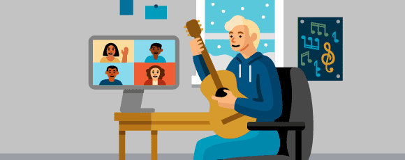 Illustration of an individual playing guitar in a wheelchair while video-chatting with 4 other people.