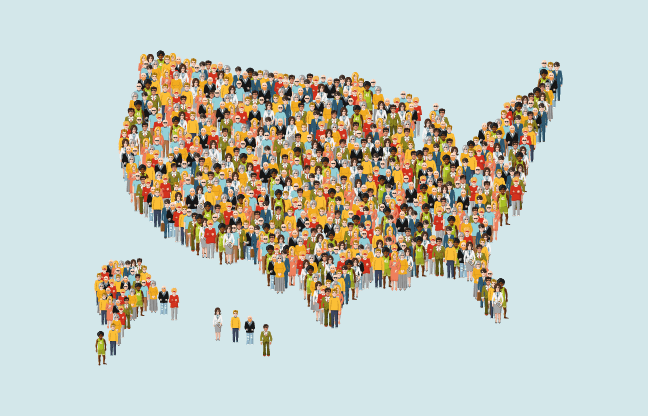 Illustration of people grouped together in the shape of the United States map.