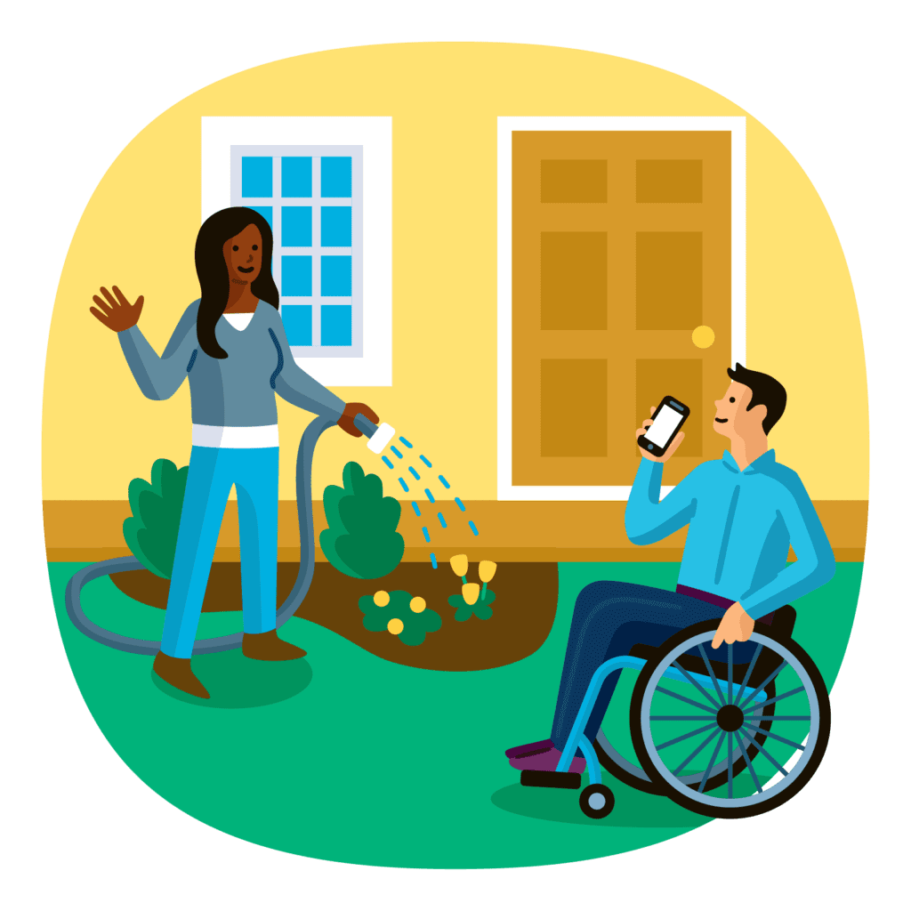 Illustration of a man in a wheelchair with a smartphone outside in a yard while a woman is watering her plants and waving to the man in the wheelchair.
