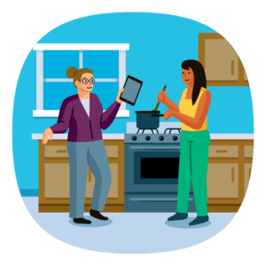 Illustration of a kitchen scene with a woman holding a tablet and another woman stirring a pot on the stove. They are both standing and talking to each other.