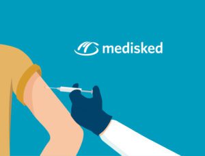 Illustration of a hand with a rubber glove injecting an immunization into a person's arm, with the MediSked logo in the corner.