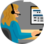 Illustration of a support person at a desk on a computer with a headset on