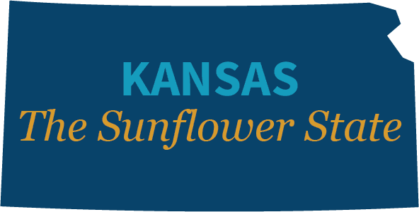 Silhouette of the state of Kansas with the word "Kansas" written inside, above the words "The Sunflower State"