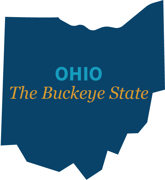 Silhouette of the state of Ohio with the word "Ohio" written inside, above the words "The Buckeye State"