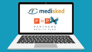Illustration of a laptop with the logos for MediSked and Partners Health Plan on the screen.