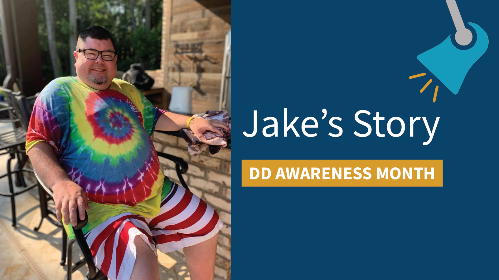 An image of an individual next to the words "Jake's Story" and a banner that says "DD Awareness Month", with a spotlight graphic shining down on the words.