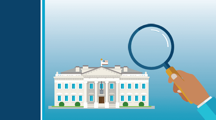 Illustration of a hand holding a magnifying glass over The White House