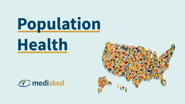 Population Health with a map of the United States filled with people and the MediSked logo