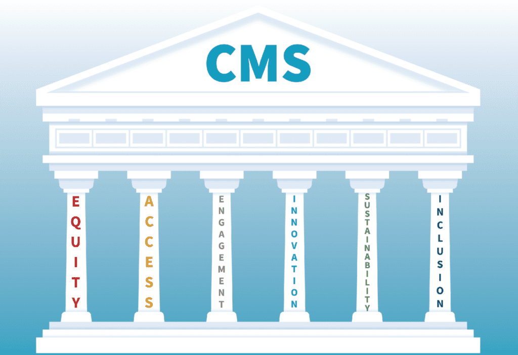 An illustration of a building with six pillars that says "CMS" on top and the following on each pillar: Equity, Access, Engagement, Innovation, Sustainability, and Inclusion
