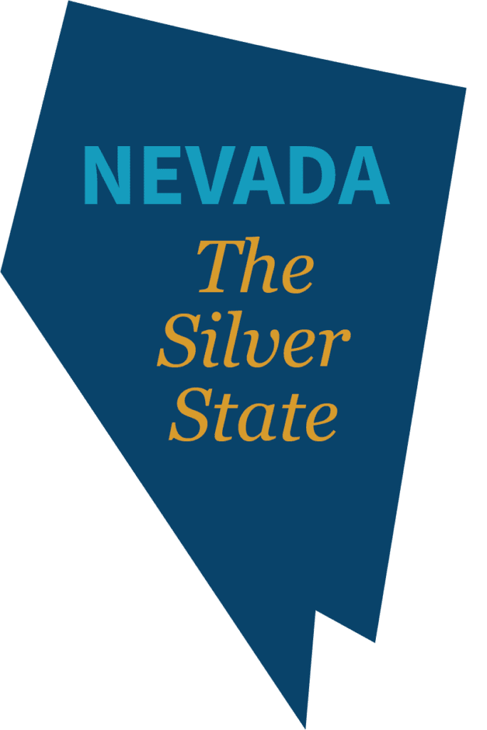 Blue icon of the shape of the state of Nevada with the words "Nevada: The Silver State" inside