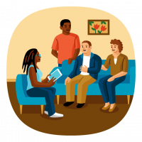 Assessment Process Illustration of a care manager holding a tablet conducting an assessment with an individual and his mother. Individual is sitting on the couch talking to the care manager, with his mother sitting next to him.