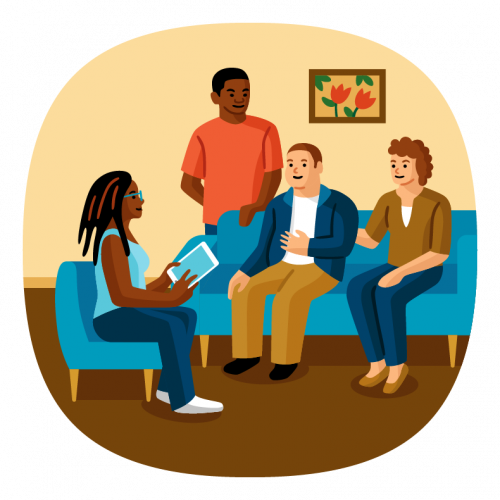 Assessment Process Illustration of a care manager holding a tablet conducting an assessment with an individual and his mother. Individual is sitting on the couch talking to the care manager, with his mother sitting next to him.