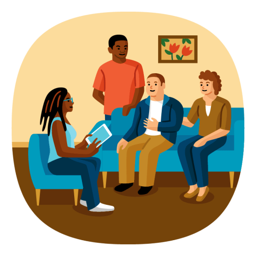 Illustration of a care manager holding a tablet conducting an assessment with an individual and his mother. Individual is sitting on the couch talking to the care manager, with his mother sitting next to him.