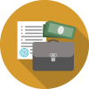 Circular icon with a briefcase, documents, and cash