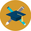 Education Icon of graduation cap with pen and pencil