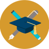 Icon of graduation cap with pen and pencil