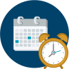 Circular icon with a calendar and a clock