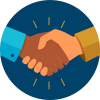 Circular icon of a handshake between two people zoomed in on the hands
