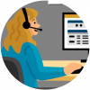 Illustration of a support person at a desk on a computer with a headset on