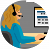 support Illustration of a support person at a desk on a computer with a headset on