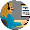 support Illustration of a support person at a desk on a computer with a headset on
